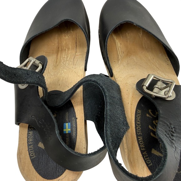 Lottas Stockholm Wood Clog Size 39 / 9 Sandals Buckle Ankle Strap Black Leather - Picture 9 of 10